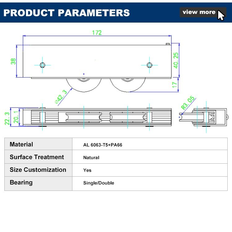 Dimensional profile of the HC-PJS-350-N sliding roller