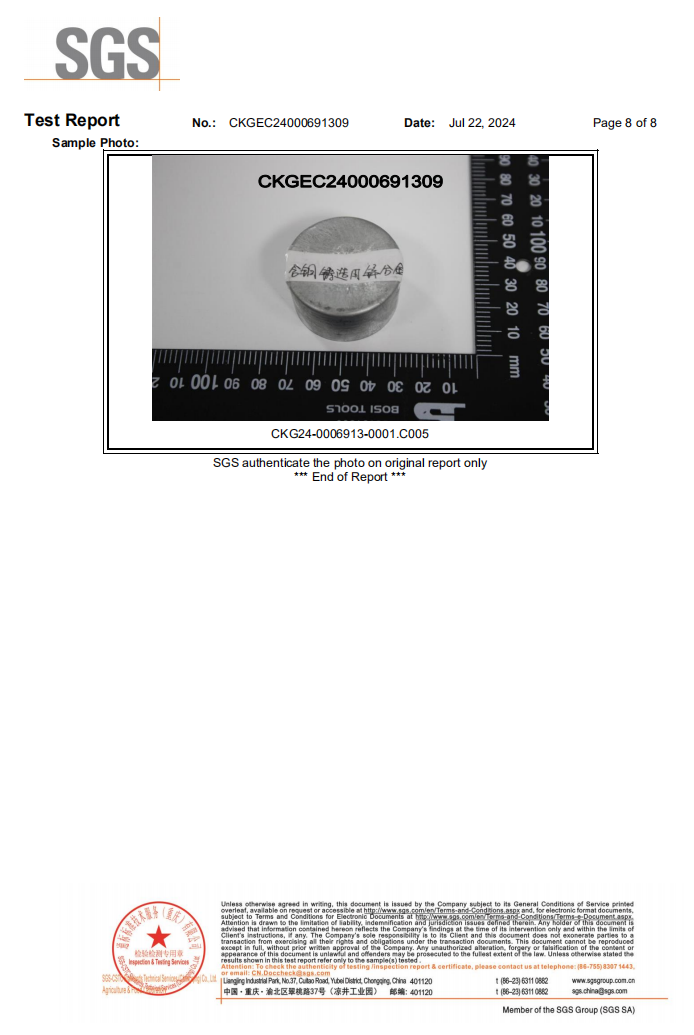 SGS test results data zinc alloy with copper