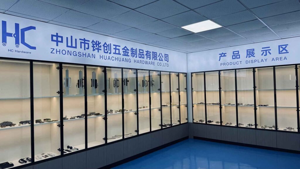 Huachuang hardware showroom displaying premium multi-point locking handles, transmission rods, and sliding rollers for aluminum doors and windows.