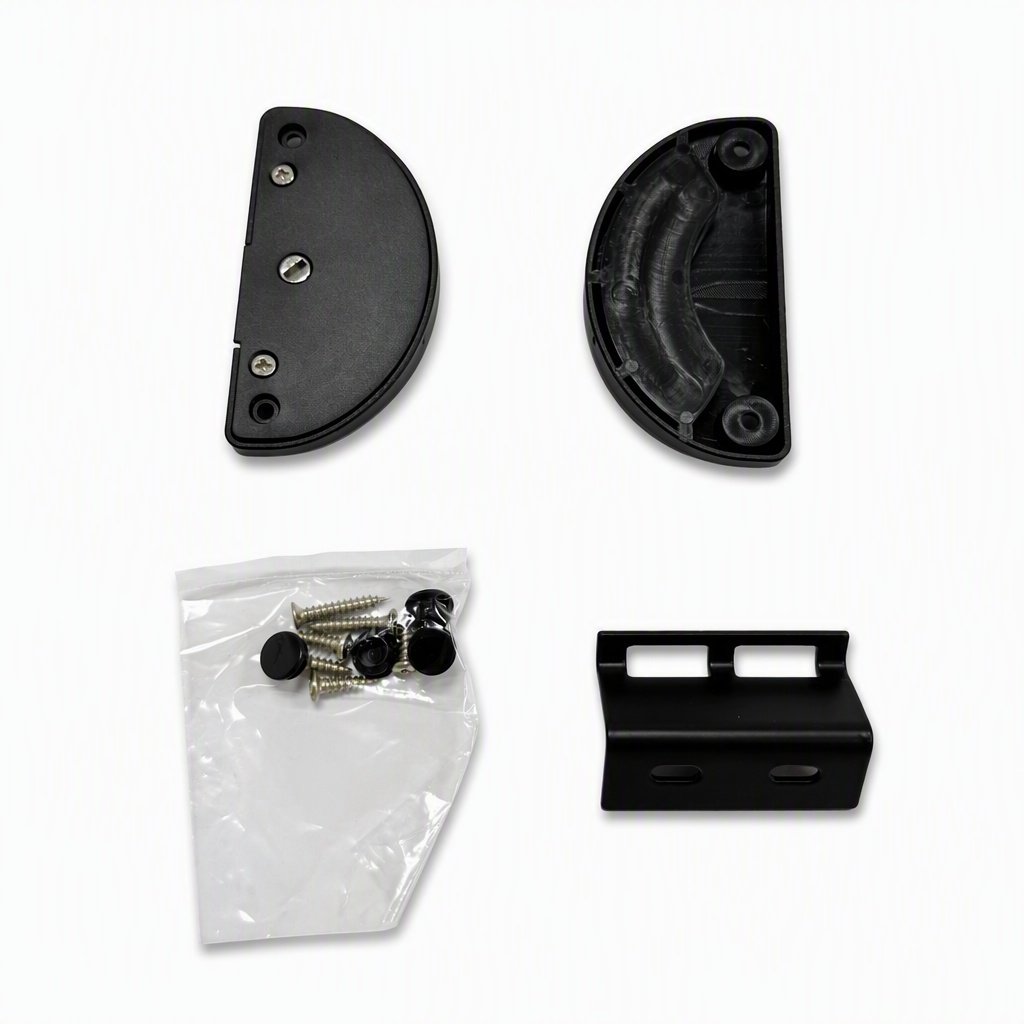 Rear elevation view of black ABS sliding screen door latch components and fasteners
