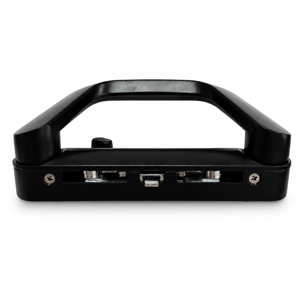 Black aluminium sliding door handle front view with key cylinder