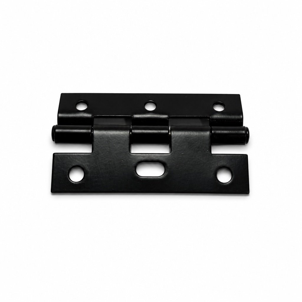 Horizontal elevation view of matte black iron security door hinge