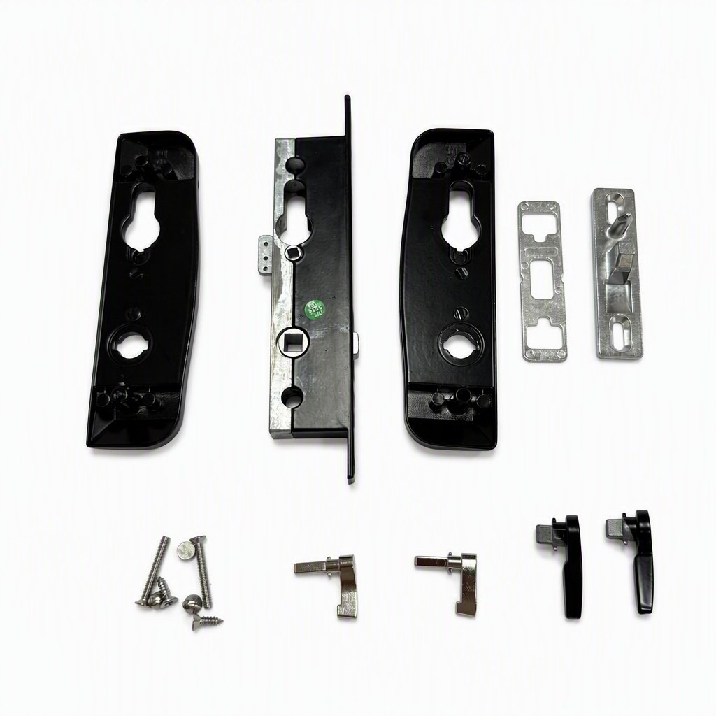 Black aluminum surface handles and zinc alloy internal components for a sliding security door lock