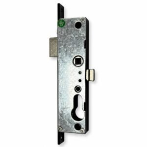 Front view of zinc alloy mortise lock body showing reversible latch bolt mechanism