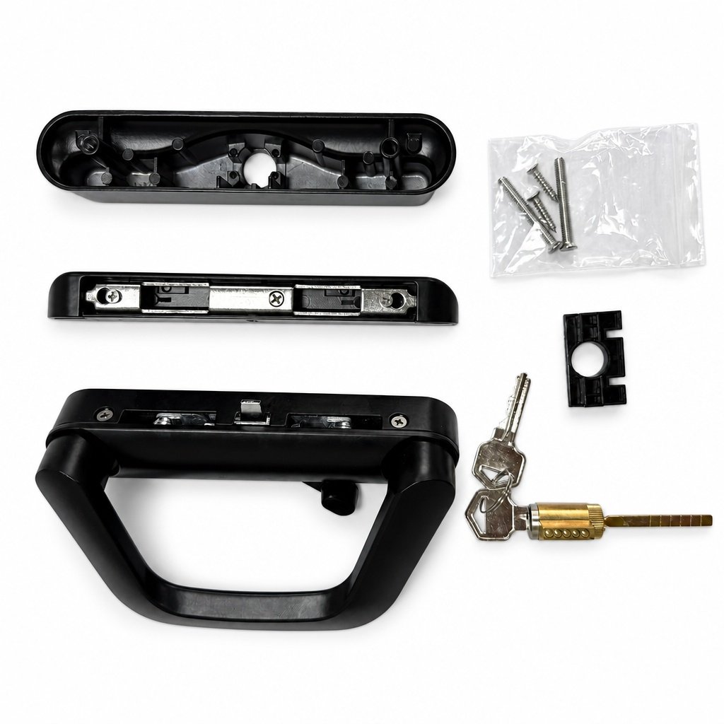 Sliding glass door handle lock components including hook body and mounting base