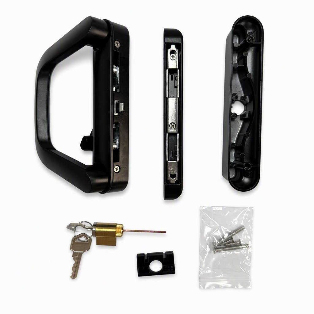 Complete sliding patio door handle and lock hardware kit laid out before installation