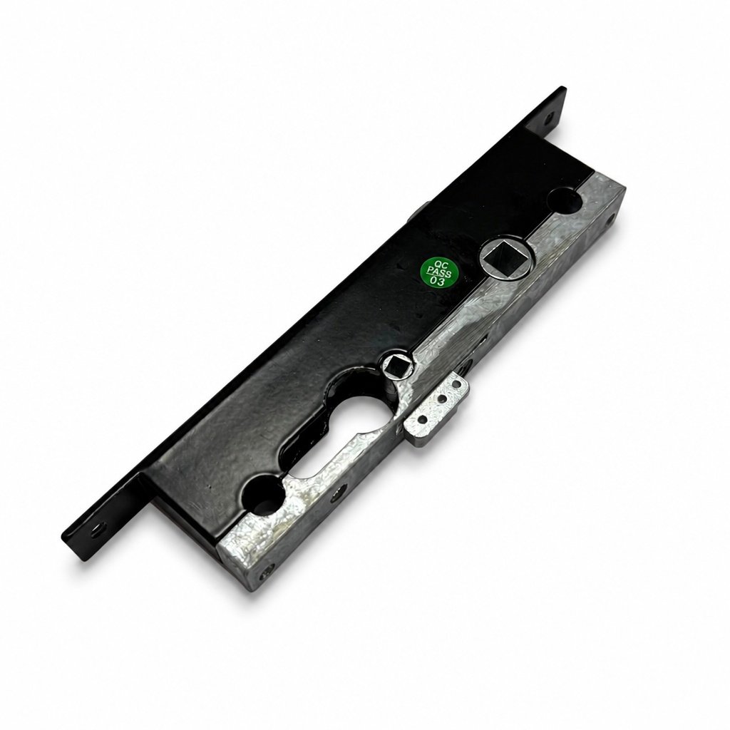 Isometric perspective view of a black faceplate sliding security door mortise lock body