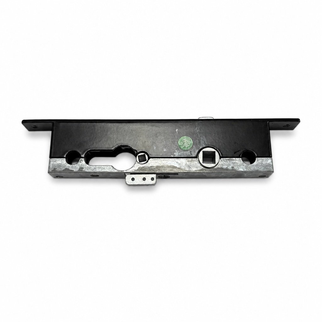 Horizontal elevation view of a zinc alloy mortise lock body with black aluminum faceplate