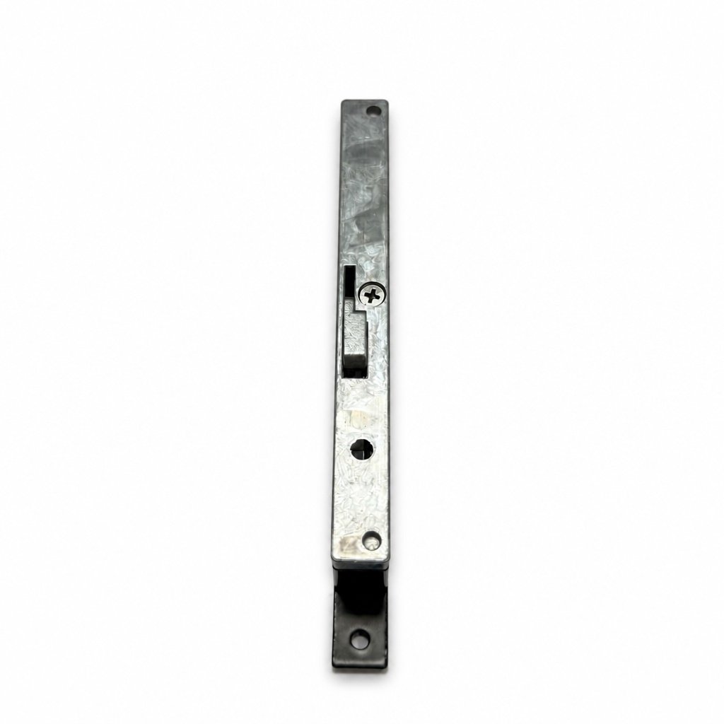 Side faceplate view of a zinc alloy sliding security screen door mortise lock body